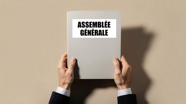 Homme d'affaires tenant un dossier marqu&eacute; "Assembl&eacute;e g&eacute;n&eacute;rale"