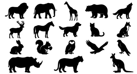 Diverse Animal Silhouettes Collection, Wildlife Icons Set, Mammals and Birds Vector Graphics, Nature Elements for Design © Ehsanur