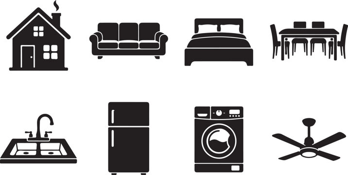 Black household furniture icons, home decor symbols, kitchen appliances set, 8 silhouette graphics