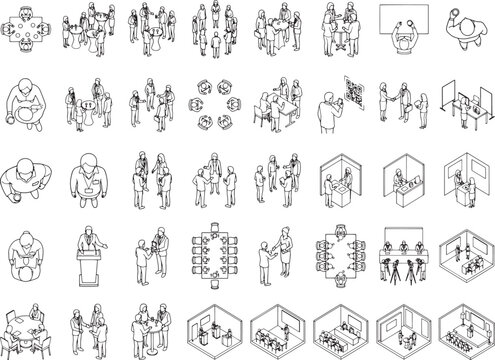 A collection of diverse isometric illustrations of people engaged in various activities, such as meetings, presentations, and interactions, captured in a clean, graphic style.
