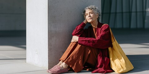 Obraz premium Elderly woman leaning on concrete pillar outdoors with yellow tote for contemplative urban portrait and lifestyle editorial or banner use