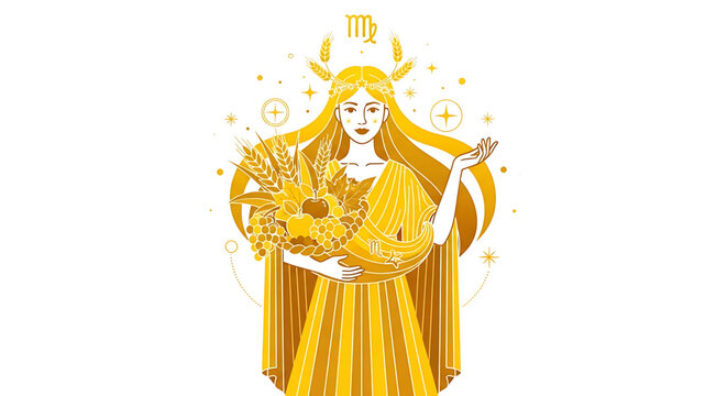 Virgo zodiac sign illustration, golden goddess holding a cornucopia with wheat and fruits, astrological symbol of the maiden, celestial horoscope concept