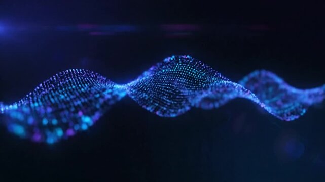 Abstract flowing wave of shimmering particles in blue and purple, digital data concept background