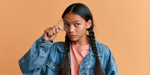 Fototapeta premium Young girl with braided hair holding a magnifying glass against a peach background for education poster and curiosity themed banner design