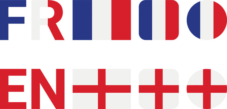 France and england flag set featuring text abbreviations and various geometric shapes including rectangular rounded square and circular with red white and blue color palettes