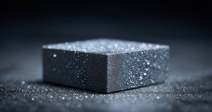Metallic cube with water droplets macro