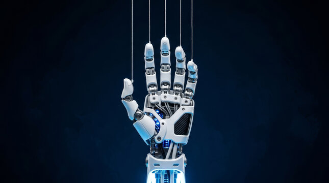 A sleek robotic hand with intricate details and glowing accents, suspended by strings against a dark background, evokes thoughts of technology and control.