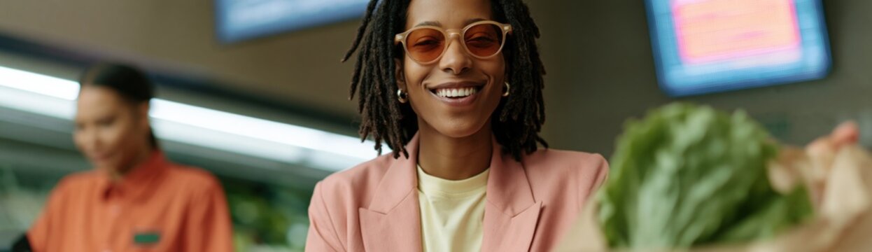Happy shopper wearing sunglasses at supermarket checkout with fresh greens in a paper bag for retail poster and lifestyle background