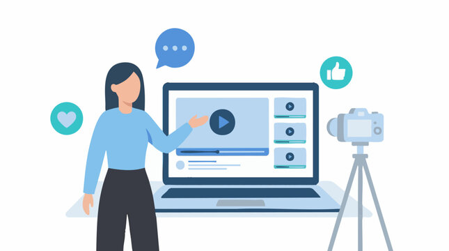 Woman creating online video content for social media with laptop