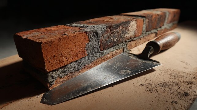 A close-up view of a brick trowel aligned with freshly laid bricks, highlighting masonry tools in use during construction.