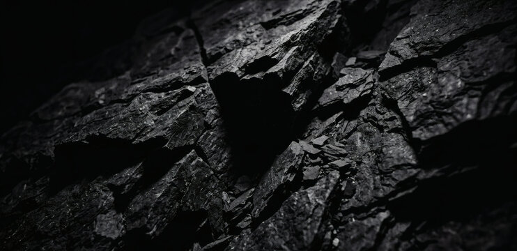 Close up of dramatic black rock texture with sharp shadows