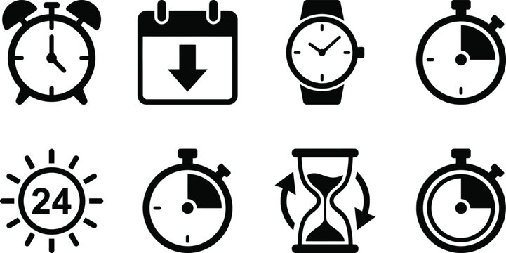 Set of black and white time and schedule featuring an alarm clock calendar with down arrow wristwatch stopwatch twenty four hour symbol and an hourglass with circular arrows