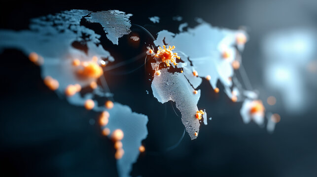 World map backdrop with hantavirus geographic distribution overlay and bright epidemiological spread visualization, zoonotic disease global risk data with infection zone indicators