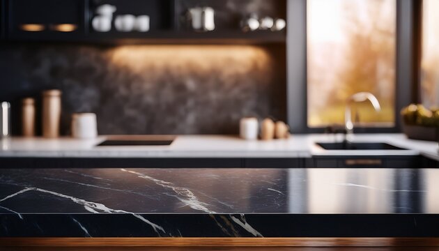 sleek empty dark marble counter for product display blurred minimalist kitchen scene soft focus bokeh effect warm daylight
