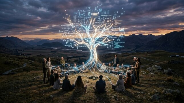 A group of people sits in a circle on a grassy hill, gazing up at a luminous tree overlaid with equations and scientific symbols. The tree&rsquo;s roots extend 