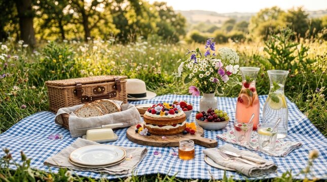 A charming picnic scene unfolds in a lush meadow under a golden sunset. A checkered blanket is spread on the grass, adorned with a wicker picnic basket, 