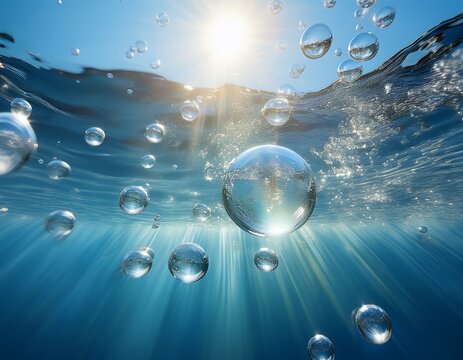 transparent air bubbles float in clear blue water with sunlight rays and sparkling background in clean style