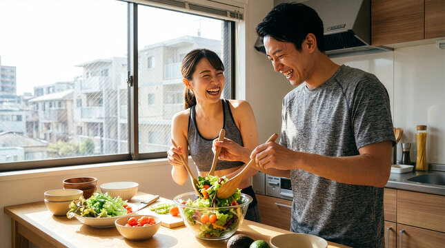 Healthcare ヘルスケア 154 Happy Fit Couple Tossing a Fresh Salad in a Sunlit Kitchen（明るいキッチンで新鮮なサラダを和える幸せなフィットネスカップル）