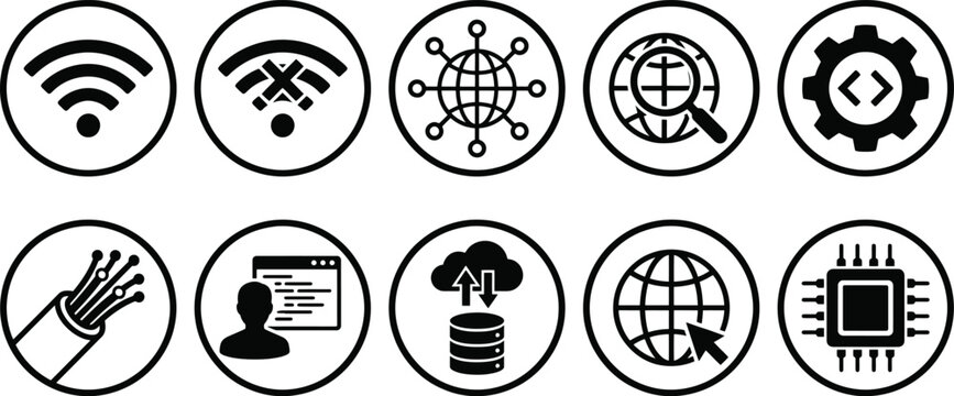 Set of ten black and white circular representing network connectivity internet technology data storage web development fiber optics global communication and computer hardware components