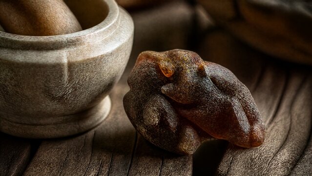 myrrh. Dark brown myrrh resin on a rustic wooden surface next to a small stone mortar. event programs, museum guides, designed for cultural heritage projects and event programs, preserves heritage.