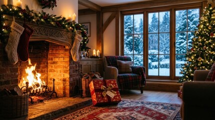 Obraz premium A warmly lit living room decorated for Christmas. A roaring fire burns in a brick fireplace, casting a golden glow on the room. A large Christmas tree stands