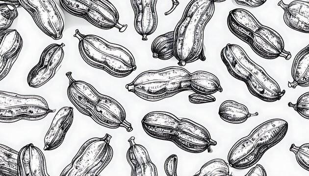 Hand drawn peanut pattern with detailed shells and kernels, food illustration, snack ingredient, natural texture, sketch style on white