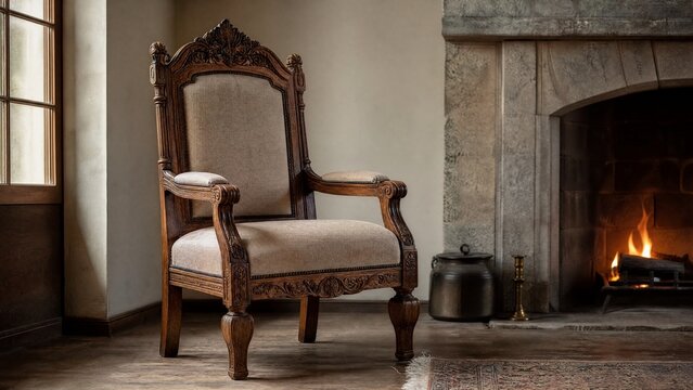 aff. Ornate carved oak armchair beside a stone fireplace with soft window light. real-estate listings, architecture portfolios, designed for architectural facade and classical detail presentations.