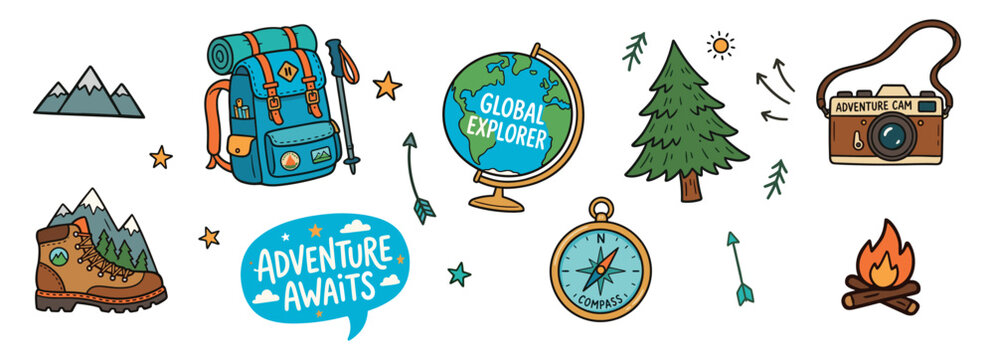 Outdoor adventure exploration travel concept symbols illustration