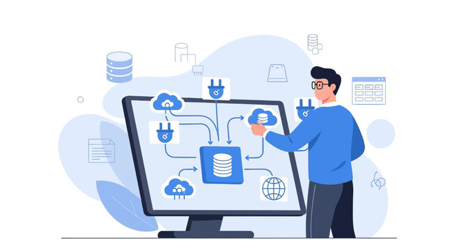 Tech Concept: Data Flow Diagram on Monitor with Person