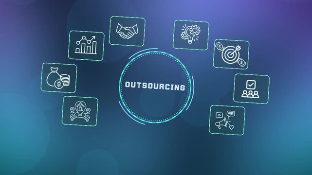 Business outsourcing strategy concept showing external service integration with professional icons for delegation, partnership, and resource management.