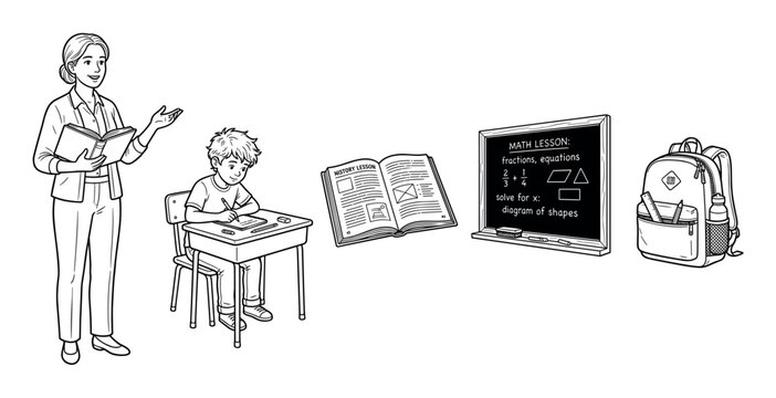 School education learning process with teacher and student in a classroom setting, featuring various academic subjects and essential school supplies.