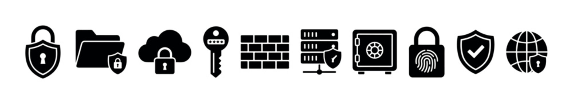 Digital security icons representing comprehensive data protection, network safety, and access control for various online and offline systems and information.