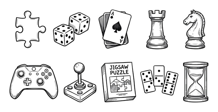 Game elements collection featuring various classic and modern recreational items like chess pieces, playing cards, dice, and video game controllers, rendered in a hand-drawn style.