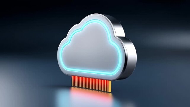 Cinematic glowing neon cloud chip icon with digital technology on dark reflective surface for futuristic poster design concept