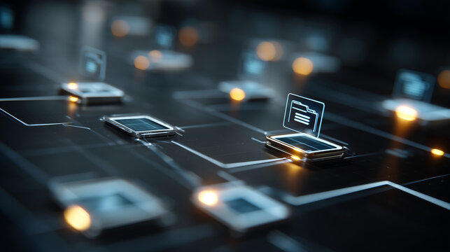 Digitized data flows seamlessly across a futuristic digital interface, files and folders float in an ethereal network. representing the evolution of information in a clean design.