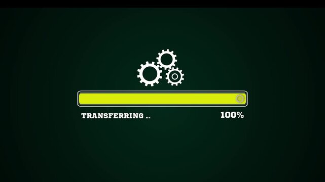 Yellow data transferring progress bar animation with spinning gears, representing high-speed file migration and network sync.