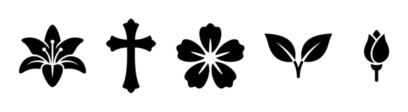 Religious and floral icons set featuring a cross, lily, blossom, leaves, and bud, representing themes of nature, spirituality, and life.