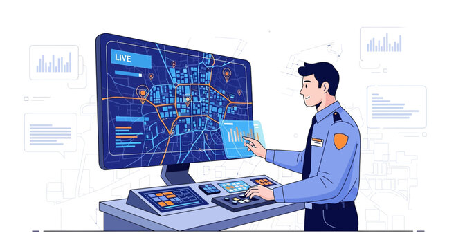 Security Officer Monitoring City Map on Digital Screen, Surveillance System
