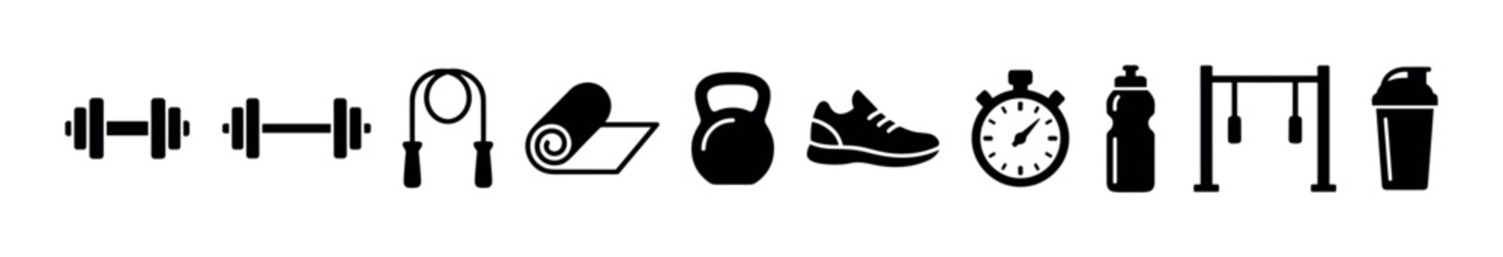 Fitness gym equipment accessories icons set for workout and healthy lifestyle, featuring various sports elements in a clean vector illustration.
