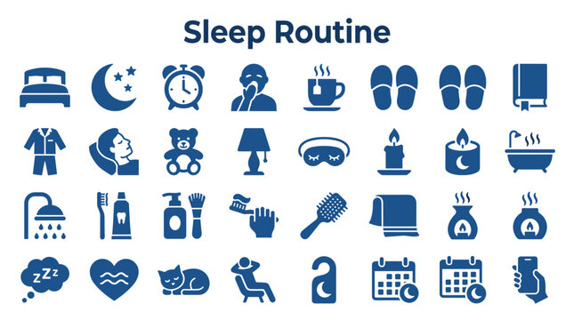 Sleep Routine Icons Set Healthy Habits for Better Rest and Relaxation Collection of Symbols Representing Nighttime Activities and Self Care