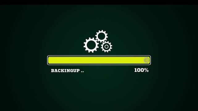 Cloud backup progress bar animation with spinning gears, representing digital data preservation and secure storage sync.