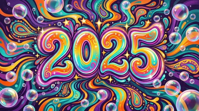 A vibrant and psychedelic image displays the number 2025, rendered in swirling, colorful patterns resembling bubbles and waves. 