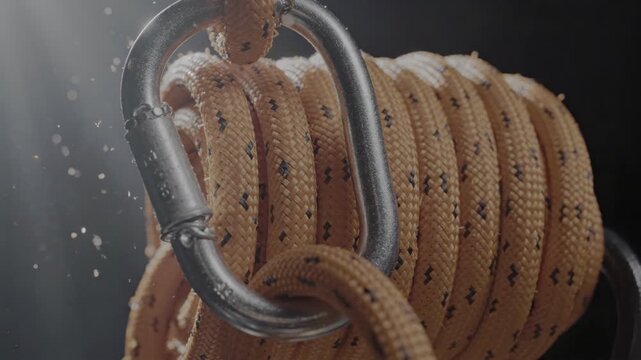Coiled rope with carabiner attached. Beige rope texture visible. Dark background with light reflections. Rope appears sturdy. Carabiner securely fastened to rope loop.