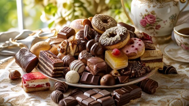 overthrow. A lavish still life of cakes and donuts spilling onto a patterned tablecloth in soft morning light. menu design.