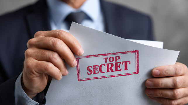 Man hand holding confidential folder with red "Top Secret "stamp. Information security, data protection and classified espionage document. Business intelligence, privacy and myster