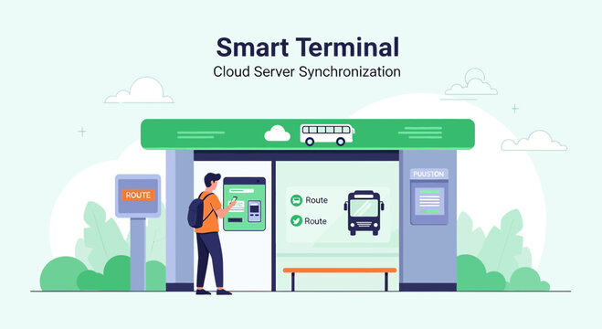 Smart Bus Stop Terminal with Digital Screen and Person