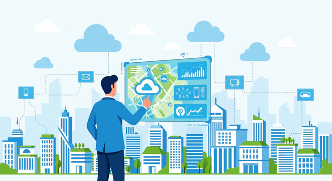 Smart City Management: Man Interacting with Futuristic Digital Interface
