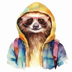 Naklejka premium A playful sloth wearing sunglasses and a colorful hoodie blending fun and style in a vibrant watercolor illustration