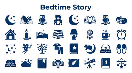 Collection of bedtime story icons and symbols representing sleep, dreams, reading, and childhood comfort in a blue color palette