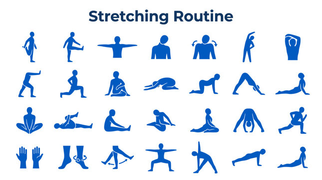 Diverse Collection of Blue Silhouettes Demonstrating Various Yoga Poses and Stretching Exercises for a Comprehensive Fitness Routine